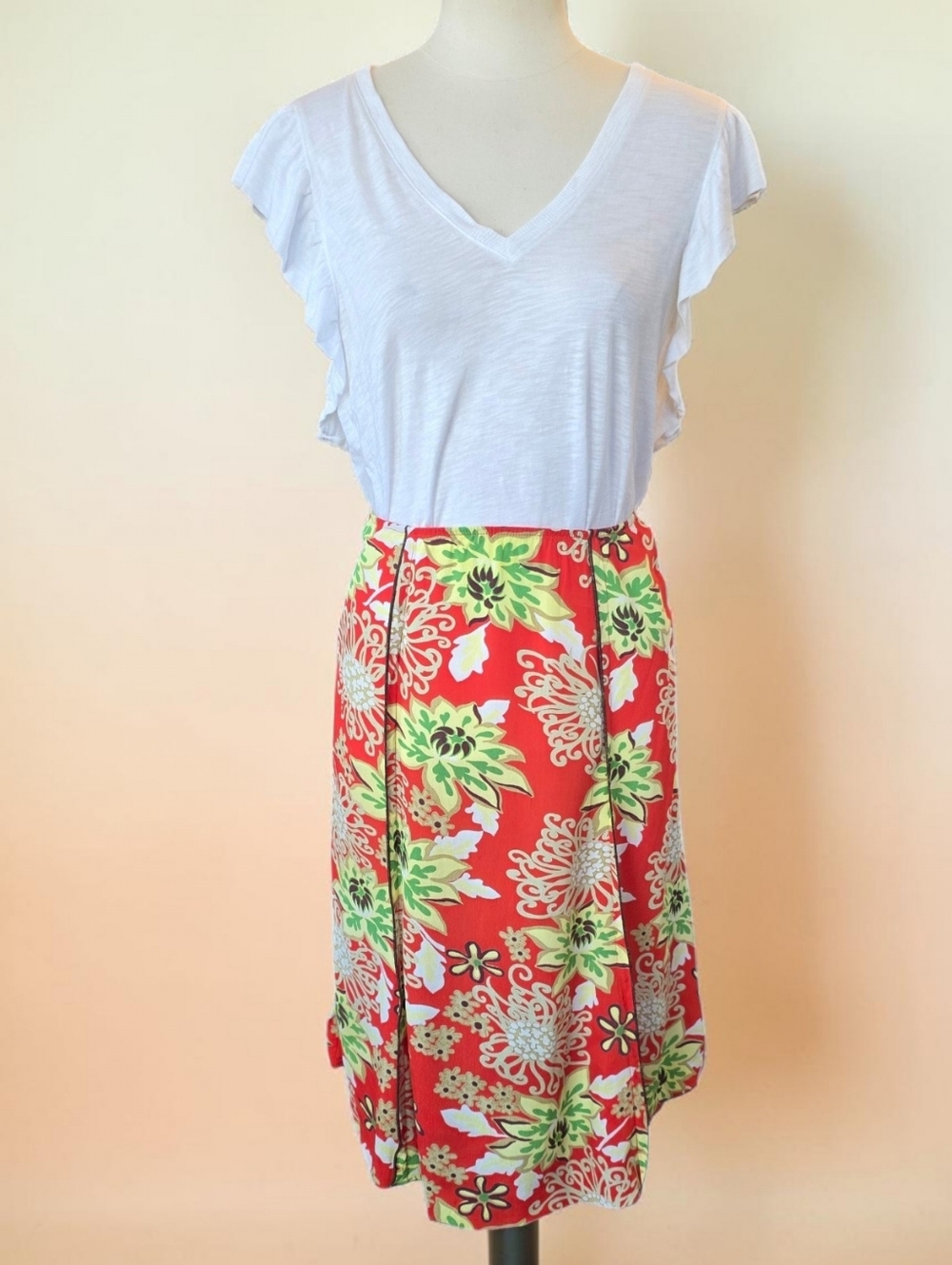 Loco Lindo Retro Floral Skirt Red Tropical Print A-Line Midi Womens Size M